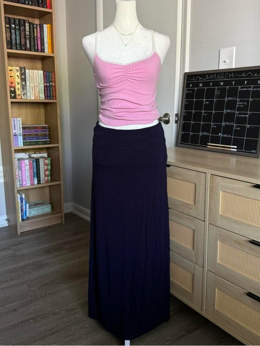 navy blue fold over maxi skirt